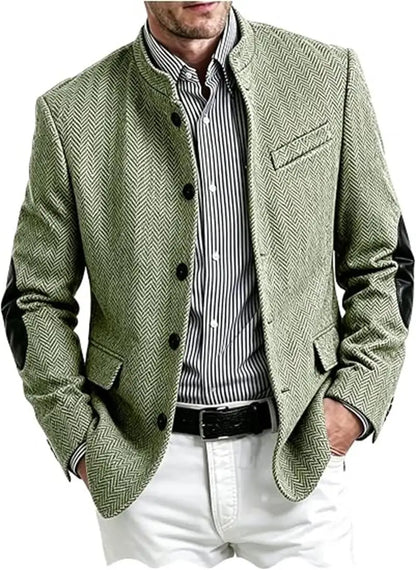Vintage Men's Mandarin Collar Herringbone Tweed Blazer with Leather Elbow Patch Wool Blend Business Casual Slim Fit Suit Jackets
