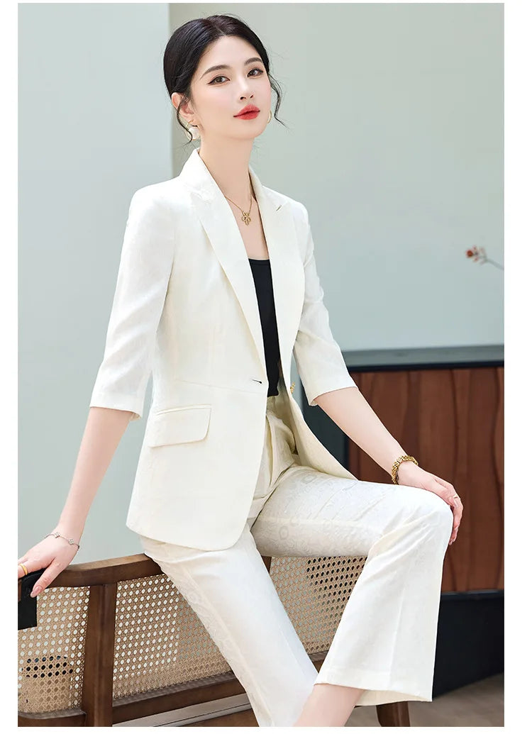 Fashion Purple Half Sleeve Professional Suit Women New Summer Elegant Formal Slim Blazer And Pants Office Ladies Work Wear