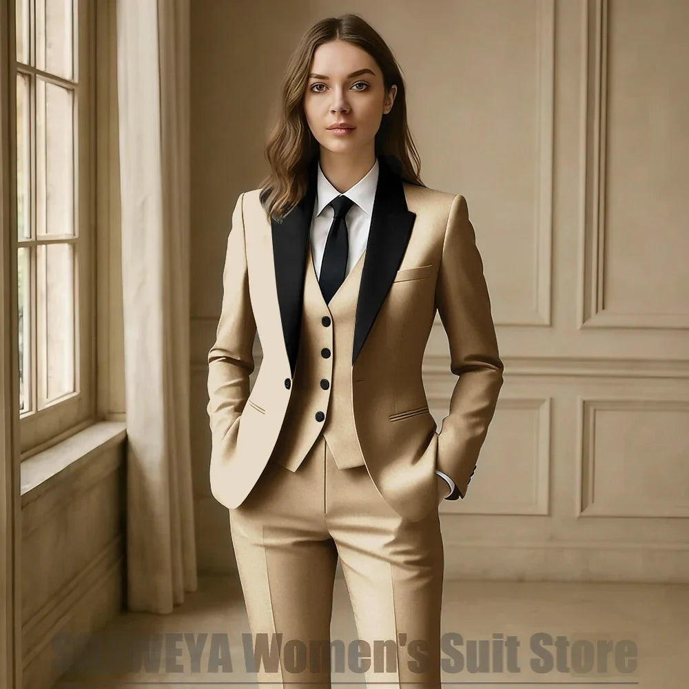 Women Royal Blue 3 Piece Tuxedo Suit Blazer Vest Pants with Black Lapel Slim Fit Formal Party Business Office Outfit