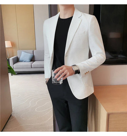 2025 Spring New Waffle Suit Coats Men Slim Fit Business Casual Blazer Jacket Homme Formal Groom Prom Wedding Tuxedo 4XL-M