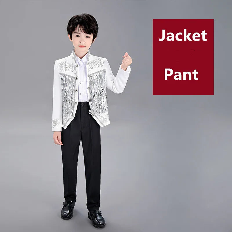 Boys Sequenant 2 Pieces/Set Jacket Pants Embroidery Paino Host Performance Dress Kids Stage Show Photography Suit Children's Set