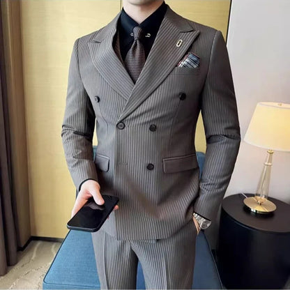 Korean Slim Fitt Wedding Suit Fashion Striped Double Breasted Suit 3 Piece Set Business Formal Casual Party Prom Host Suits