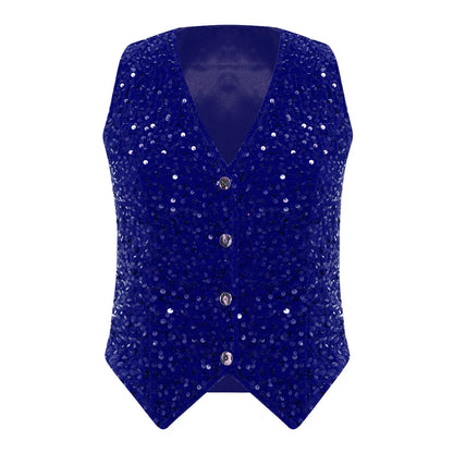 Women's Sleeveless Vest Disco Party Tops Clubwear Streetwear Lady V-neck Sequins Vests Fashion Waistcoat Music Festival Outfit