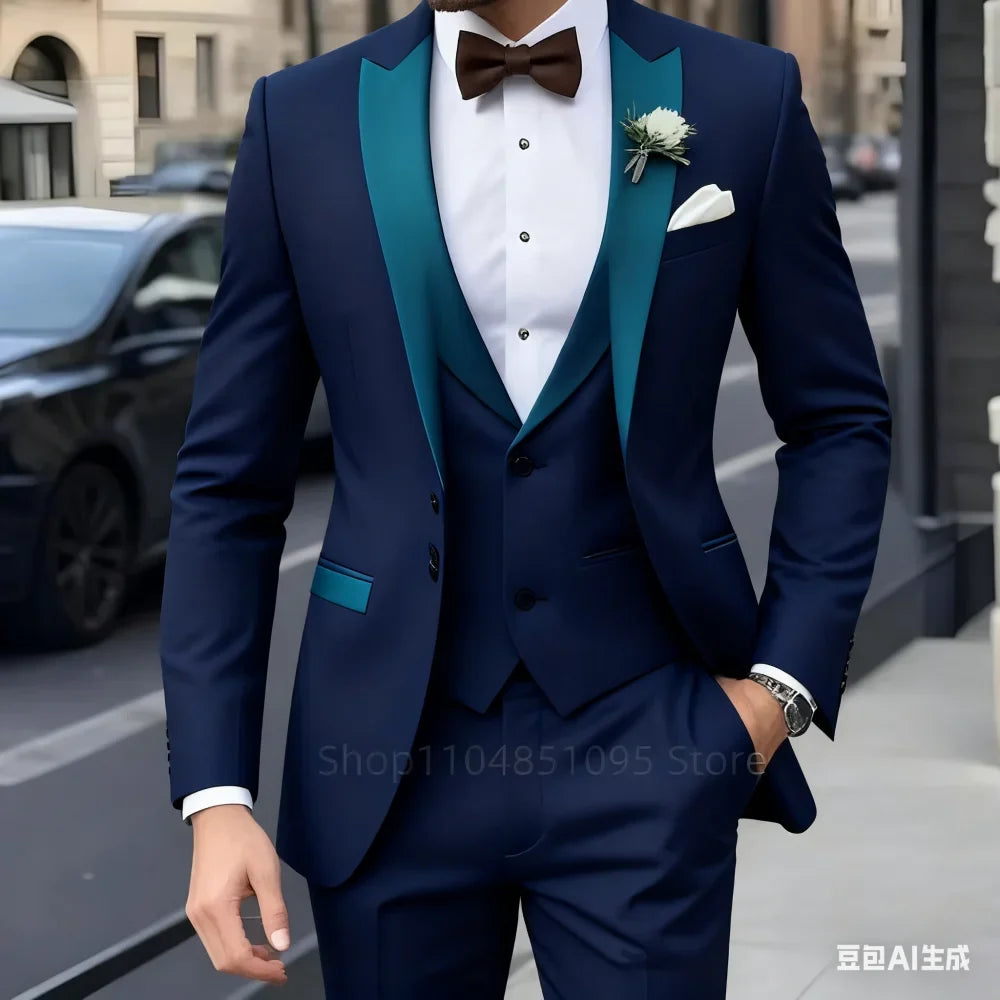 Navy Blue Peak Lapel 3 Piece Men's Tuxedos Fashion Single Breasted Formal Men's Clothes Smart Casual Wedding Party Prom Tuxedos