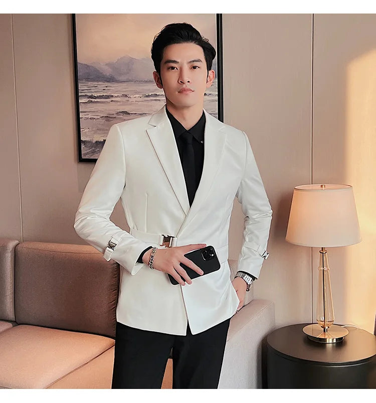 Men's Slim Fit Blazer Metal Buckle Decoration Smart Casual Wedding Party Jacket