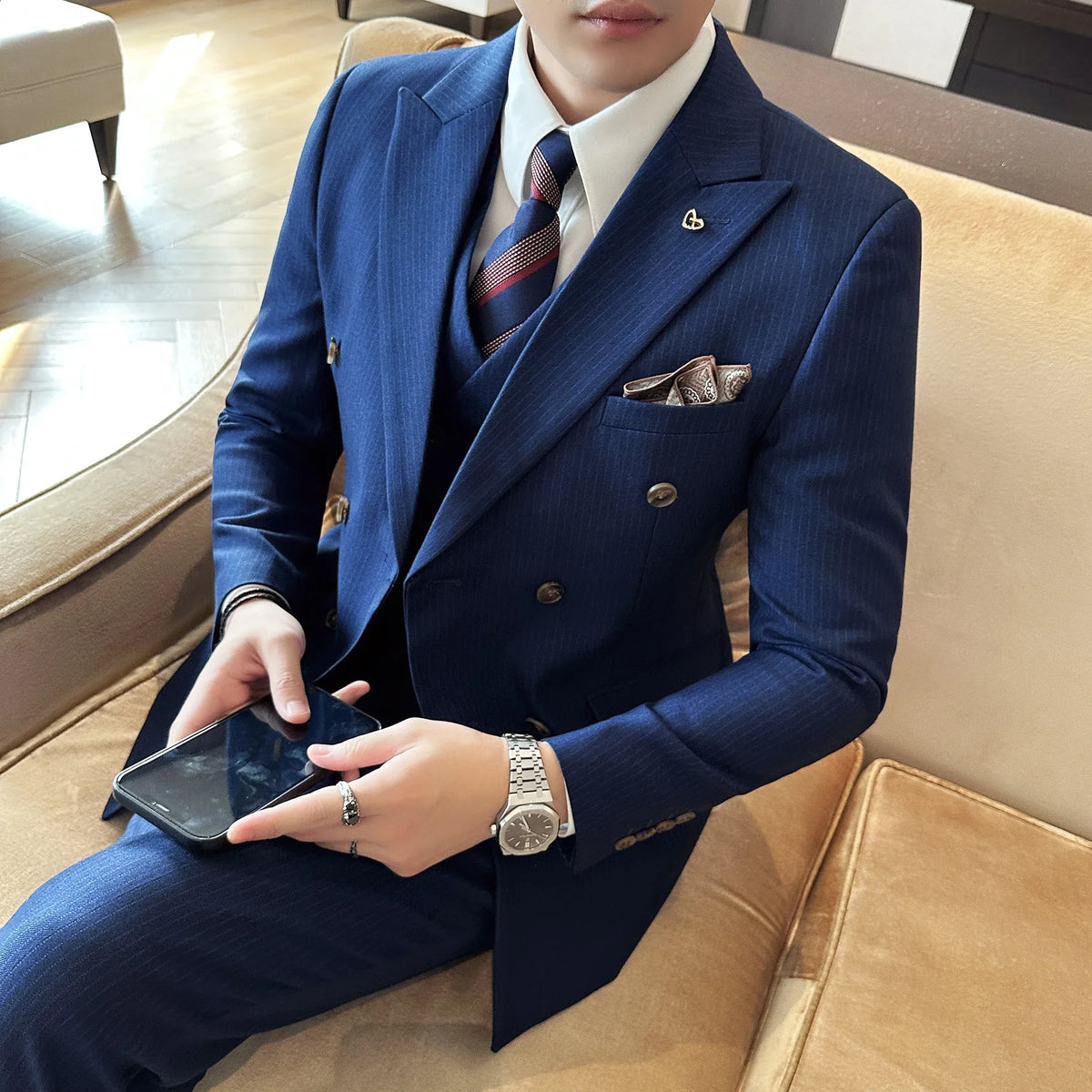Men's Double Breasted Three Piece Wedding Suit – Slim Fit Smart Casual