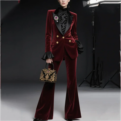 Wine Red Women Suit Stylish Velvet Elegant Outfit Peaked Lapel Blazer Pants Evening Party Prom Female Clothing Two Pieces