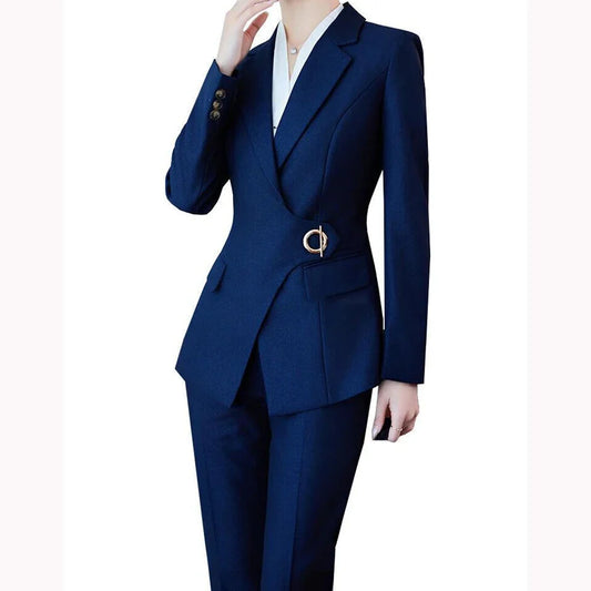 Blue Women Suit Irregular Single-grain Buckle Peaked Lapel Two Pieces(Jacket+Pants) Competent Business Office Lady Set Custom