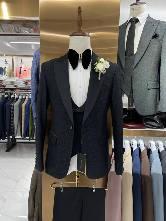 Customized Men's Formal Suit Set 3 Pieces Blazer Vest Pants For Stage Performance Classy Mature Jacquard Tuxedo Wedding Party