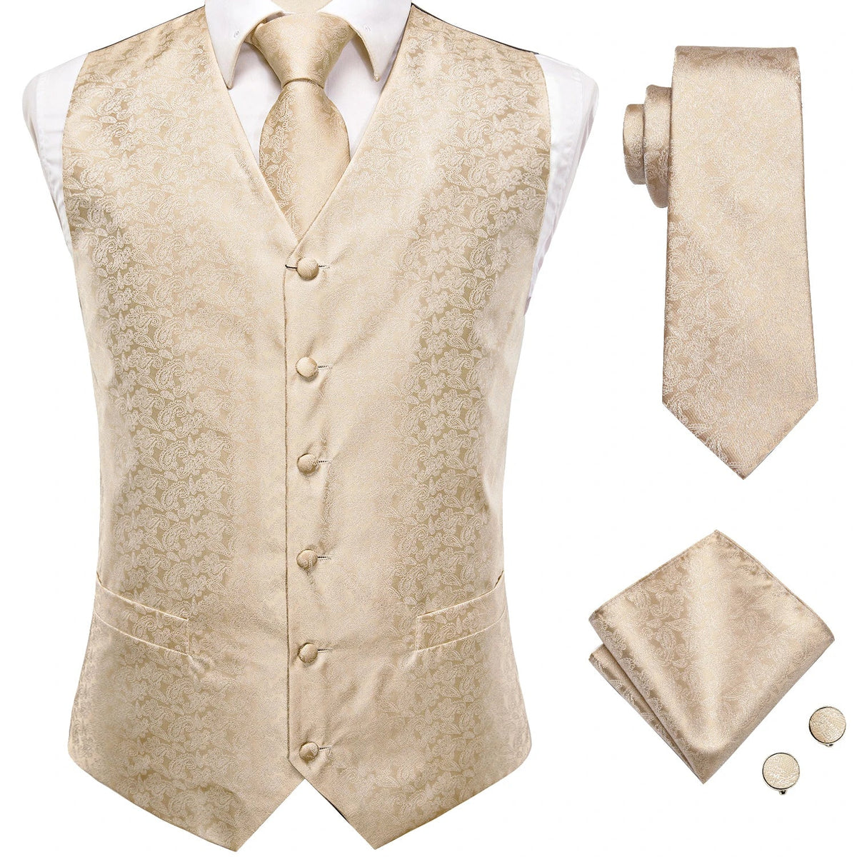 Men's Suit Vest 4-Piece Set | Woven Paisley Waistcoat with Tie, Pocket Square & Cufflinks | Wedding & Business Formal