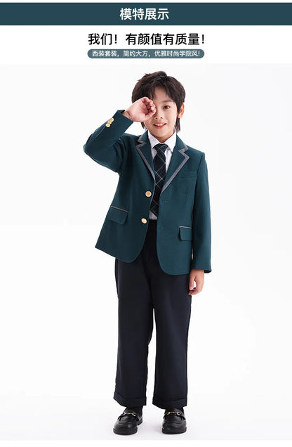 Boys Green Blazers Pants School Uniform Girls Jacket Skirt Shirt Tie Suits Kids Formal Dress Tuxedo Children Student Clothes Set