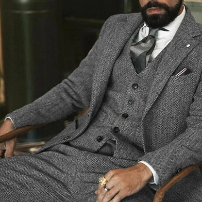 Men's Tweed Wool Slim Fit Formal 3-Piece Suit – Fishbone Weave, Wedding & Smoking Style