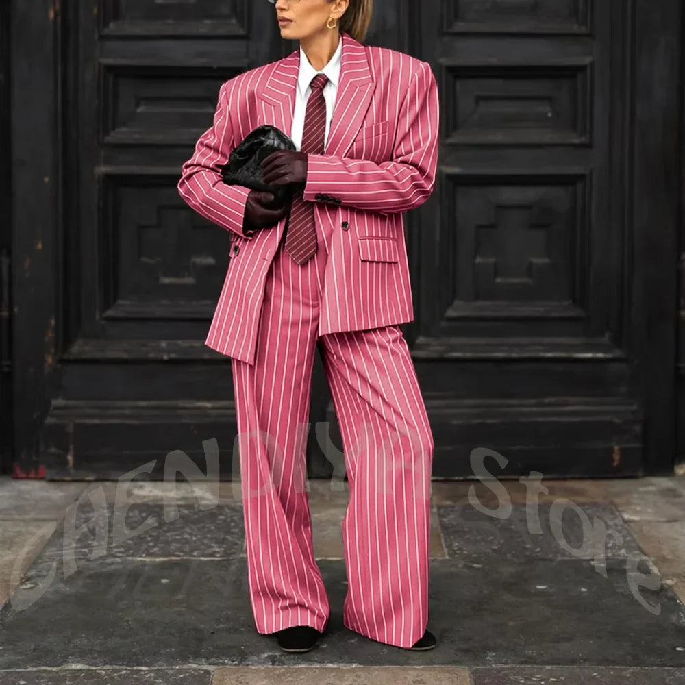 Burgundy Striped Casual Women Suit Two Pieces Jacket Pants Loose Fit Peak Lapel Blazer Set Evening Party Prom Lady Outfit