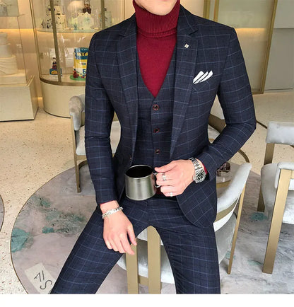 Luxury Men Slim Fit Check Suit Men Business Office Formal Suits 3 Pcs Set Blazers Pant Casual Wedding Social Tuxedo Dress Homme