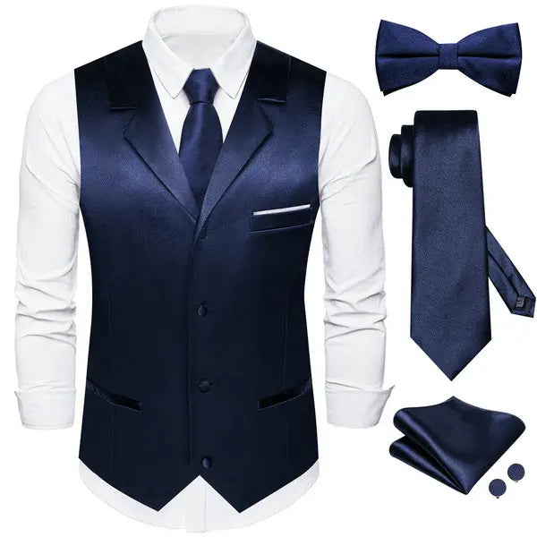 Men's Satin Waistcoat 5-Piece Set with Rose Gold Lapel – Vest, Necktie, Bow Tie, Pocket Square & Cufflinks