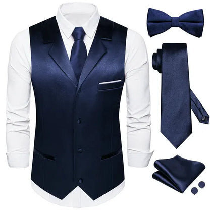 Men's Satin Waistcoat 5-Piece Set with Rose Gold Lapel – Vest, Necktie, Bow Tie, Pocket Square & Cufflinks