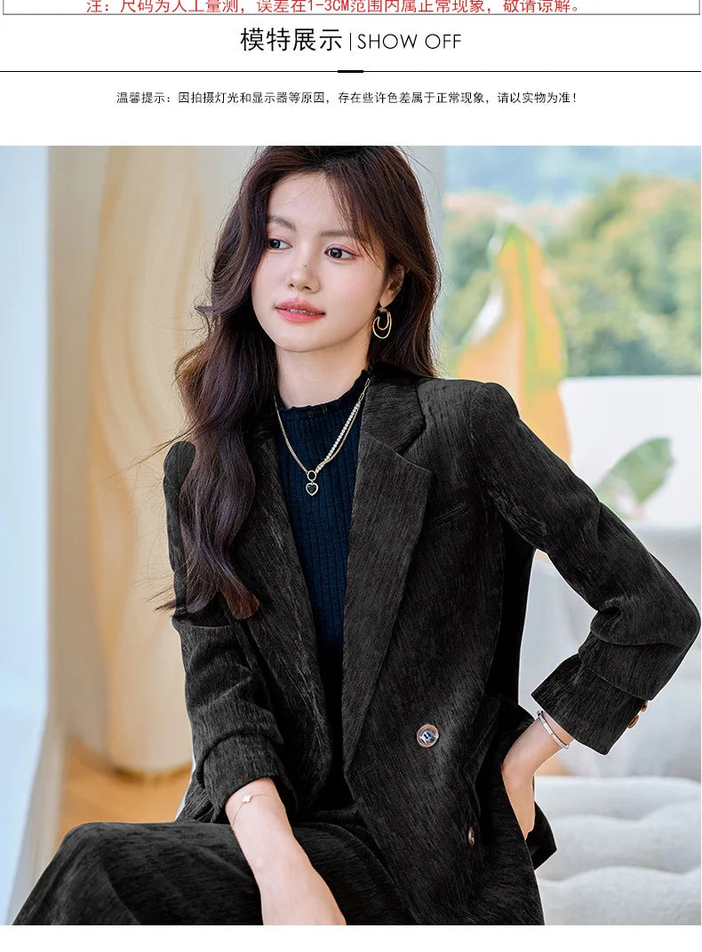 Pleuche Women Suits Office Sets 2024 Autumn New Fashion Notched Double Breasted Blazers Vintage Casual Wide Leg Pants Suits