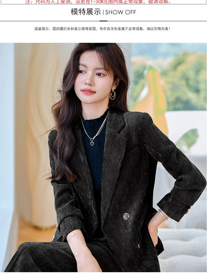Pleuche Women Suits Office Sets 2024 Autumn New Fashion Notched Double Breasted Blazers Vintage Casual Wide Leg Pants Suits