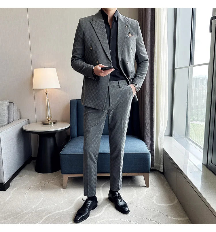 (Jacket+Pants)Luxury Checkered Double Breasted Suit  2 Pieces Fashion Business Slim Fit Social   Formal Suit Evening Dress 5XL-M