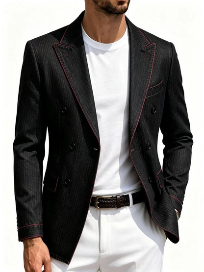 Mens Slim Fit Double Breasted Blazer Faux Denim Vertical Stripe Suit Jacket Peak Lapel Red Trim Casual Business Men Sport Coat