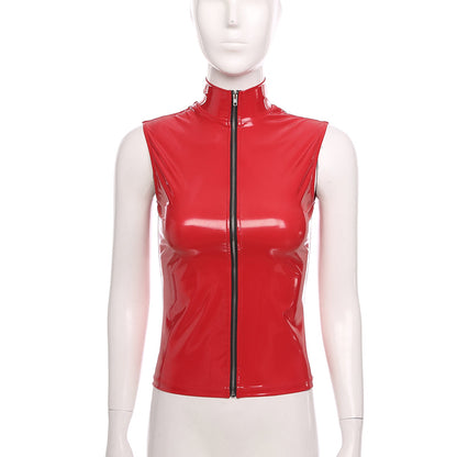 Adults Wet Look Sleeveless Waistcoat Women Fashion Zipper Vest Patent Leather Tops Vests Nightclub Clubwear Clubbing Costume