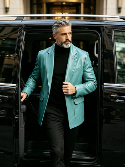 Men's PU Leather Blazer Single Breasted Slim Fit Notched Collar Suit Jacket Motorcycle Sport Coat For Formal Business Party