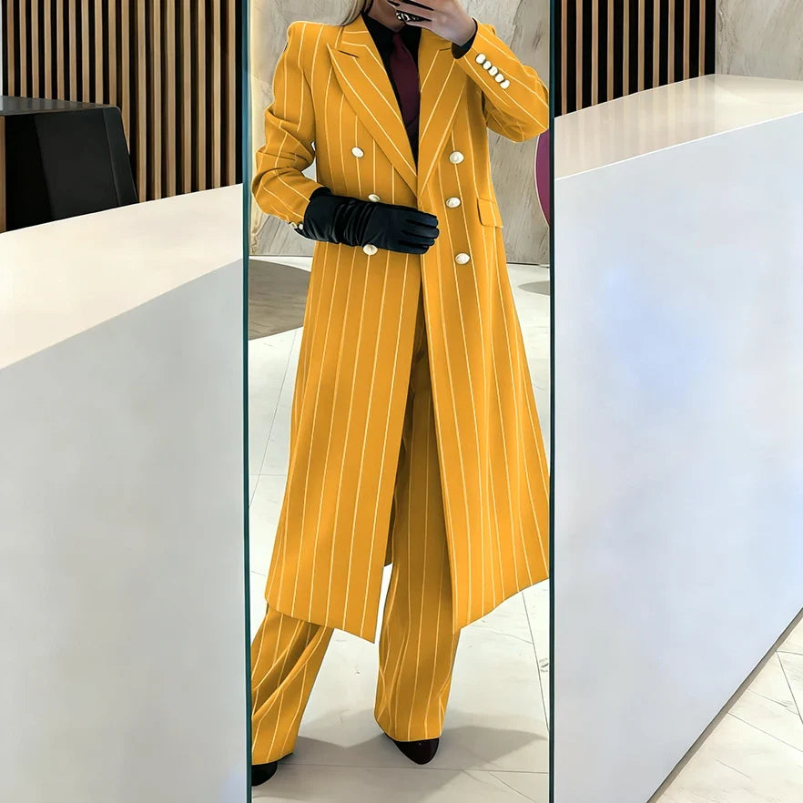Burgundy Women's Suits Pinstripe Double Breasted Peaked Lapel Long Coat+Pants Set Elegant Formal Office Evening Party Outfit