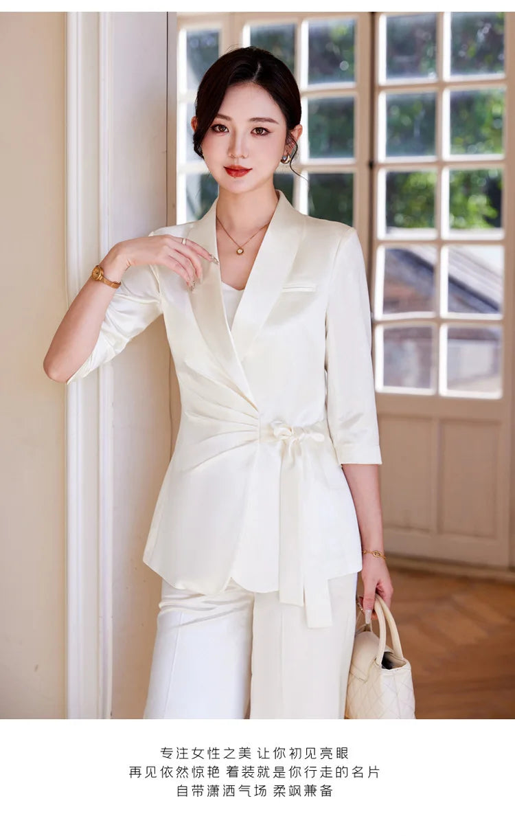 Designer Splicing Women Senior Luxurious Blazer Suit Pants Set Soft Satin Silk Office Lady Solid Coat Big Size Elegant Jacket