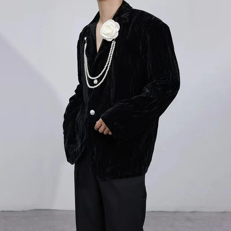 Luxury Elegant Handsome Blazer Coat Men's Original Niche Three-dimensional Pearl Chain Stylish Solid Color Jacket JY4431