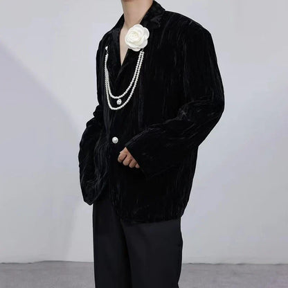 Luxury Elegant Handsome Blazer Coat Men's Original Niche Three-dimensional Pearl Chain Stylish Solid Color Jacket JY4431