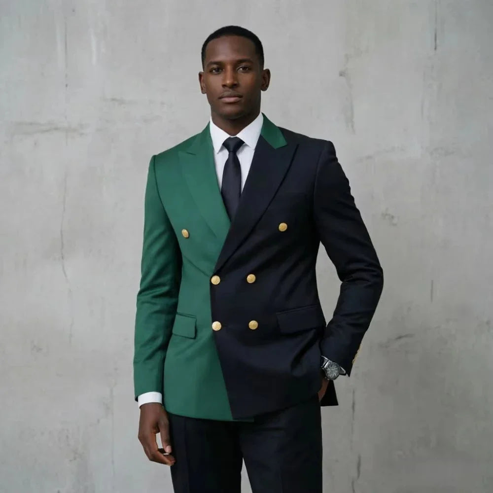 Costume Homme Vert Noir Contraste Couleurs Coupe Slim Double Boutonnage 2 Pièces Tuxedo Mariage Poches à Rabats Boutons de Manchette Tenue de Bureau