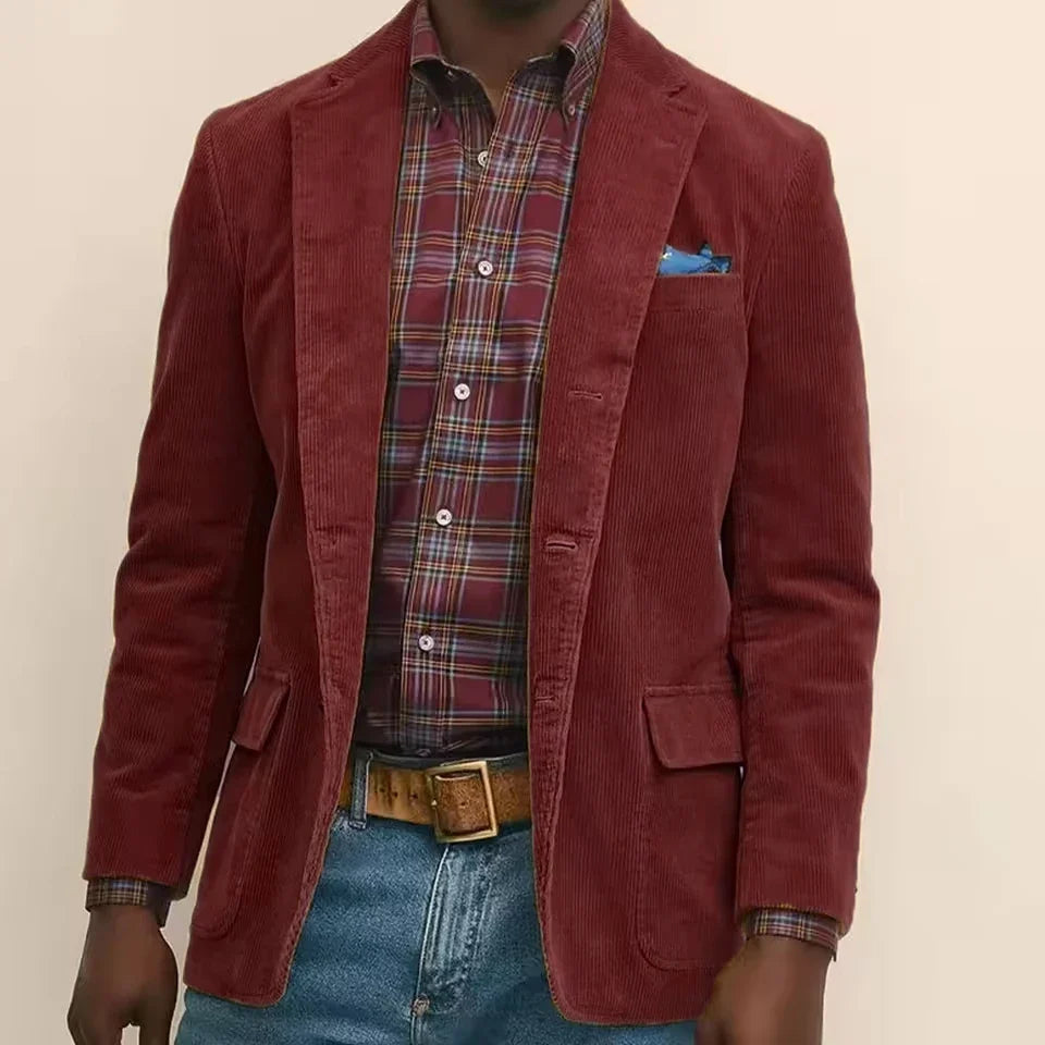 Men's Corduroy Blazer Single Breasted Notched Lapel Business Casual Suit Jacket