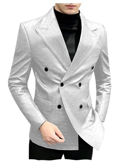 Men's Crocodile Leather Blazer Double Breasted Slim Fit Suit Jacket Formal Business Casual Sport Coat Wedding Party Streetwear