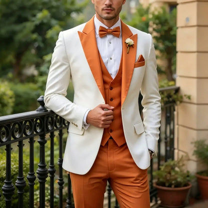 Men Suit Cream 3 Pieces Single Button With Lapel For Wedding Birthday Banquet Party Business Work Office Jacket Vest Pants