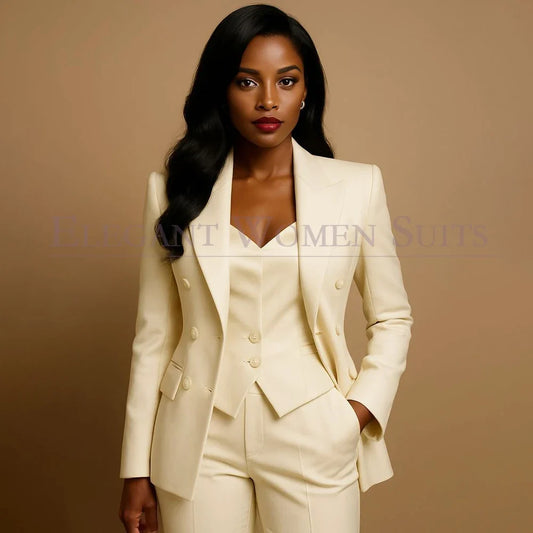 Luxury Wedding Women's Suits Customized Double Breasted Peak Lapel Slim Fit 3 Piece Jacket Pants Vest Full Sets Elegant Blazer
