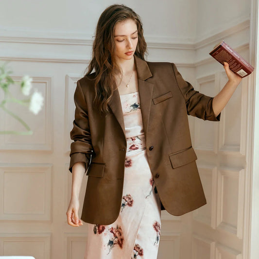Women's French Style Coffee Blazer Vintage Suit Jacket 2026 Spring Autumn Jacquard Woven Draped Outwear Tops GM56QW93281
