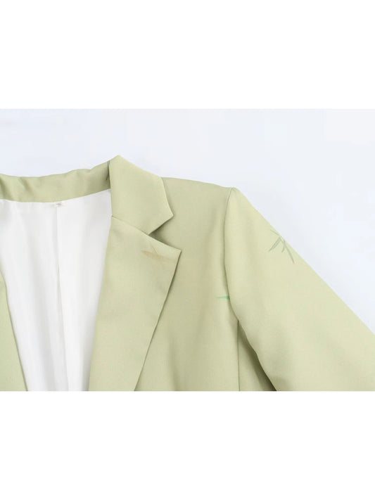 Women's Green Print Fitted Blazer Jacket Vintage Chinese style Long Sleeve Outerwear Single Breasted Suit Coat Y2k 2000s Autumn