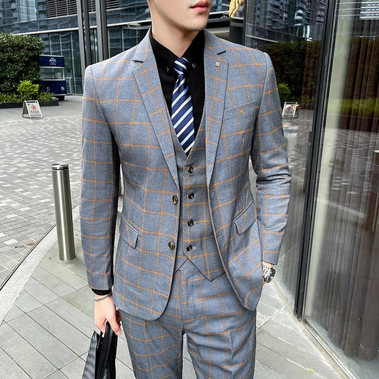Men's 3-Piece Suit Set Stylish Handsome English Plaid All-fit Jacket Waistcoat Trousers M-5XL 2025 Trendy Men's Formal Wear