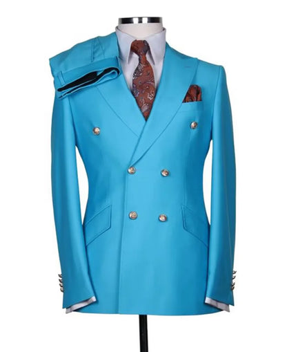 Men's Serge Suit 2 Piece Double Breasted Slim Fit Peak Lapel Gold Button High Quality Formal Blazer Pants Formal Business Weddin