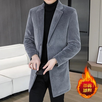 High-quality winter new style mid-length solid color men's fashionable and cool golden mink woolen trench coat with cotton