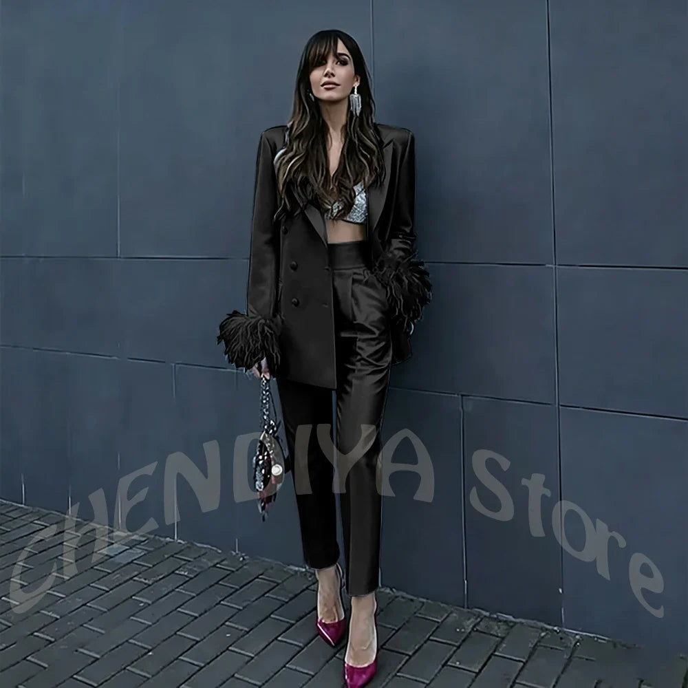 Fuchsia Satin Women's Suit Set Peak Lapel Shiny Glossy Blazer with Feather Elegant Luxury Outfit for Dinner Party Formal Event
