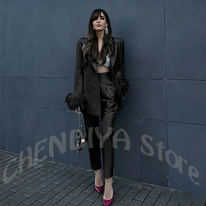 Fuchsia Satin Women's Suit Set Peak Lapel Shiny Glossy Blazer with Feather Elegant Luxury Outfit for Dinner Party Formal Event