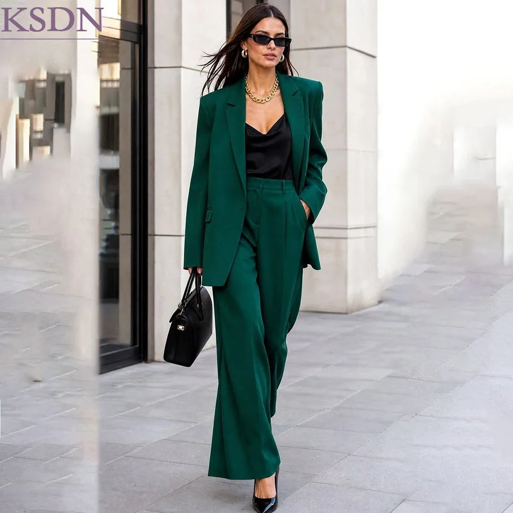 Luxury Green Women's Suits for Business Event Elegant Straight Loose Fit 2 Piece Jacket With Wide Leg Pants Outerwear Clothing
