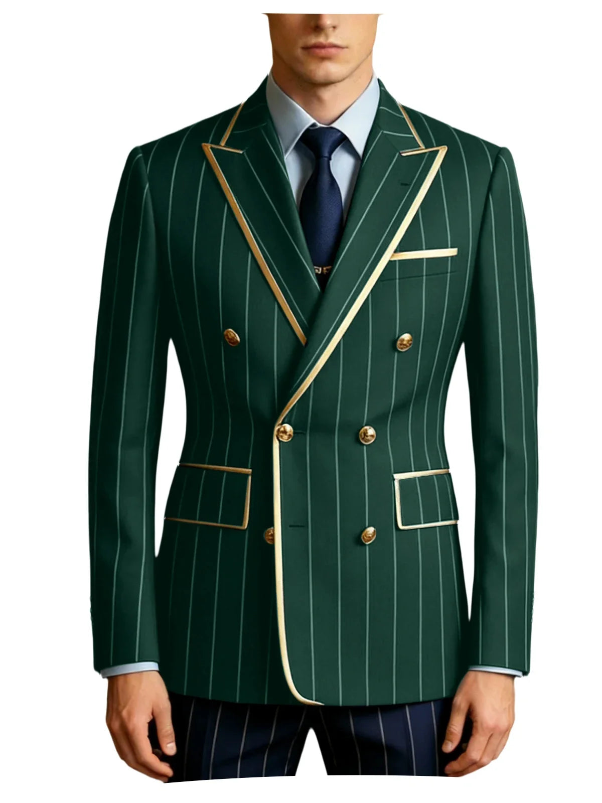 Men's Pinstripe Blazer Double Breasted Gold Trim Slim Fit Suit Jacket Peak Lapel Business Formal Tuxedo Coat for Wedding Prom