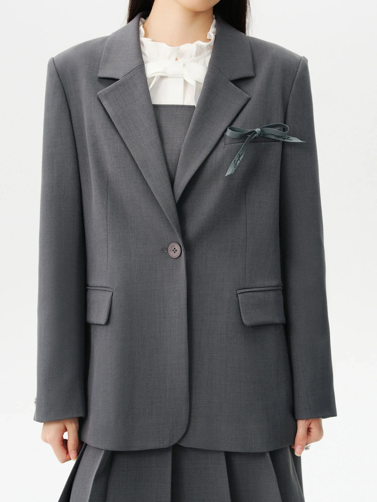 Plus Size Dark Gray Blazer Skirt Suit Office Outfit 2024 Autumn New Design Lapel Elegant Dress Skirt Female Suit（No Belt）