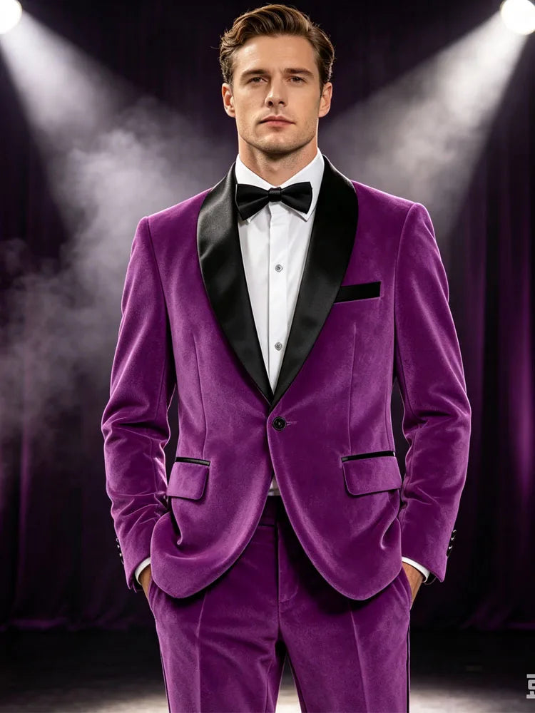 Men's Velvet 2-Piece Tuxedo Suit Satin Shawl Lapel Slim Fit Blazer & Pants for Wedding, Prom & Banquet