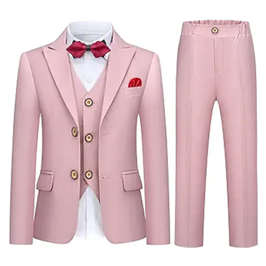 Boys Pure Pink Jacket Vest Pants Bowtie+Pocket Cloth 5pcs Wedding Birthday Outfit Kids Formal Piano Host Performance Costume