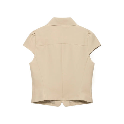 Women Trendy Short Sleeve Blazer Double Breasted Slim Fit Khaki Blazer 2026 Spring Summer Commute Lady Slim Short Top
