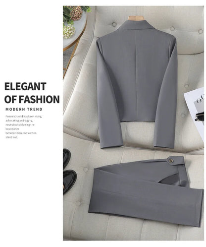 Blue Suit Women 2024 New Spring High End Fashion Temperament Professional Short Blazer And Pants Sets Office Ladies Work Wear