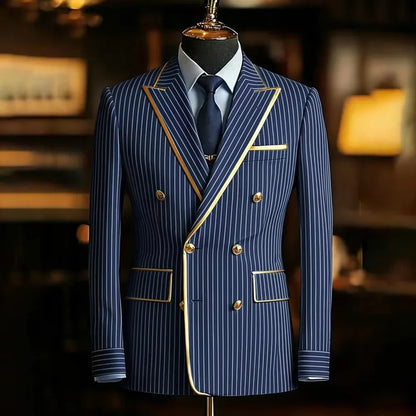 Pinstripe Double Breasted Peak Lapel Mens Suit Jacket Business Slim Fit Gold Trim Striped Coat Formal Wedding Prom Banquet Party